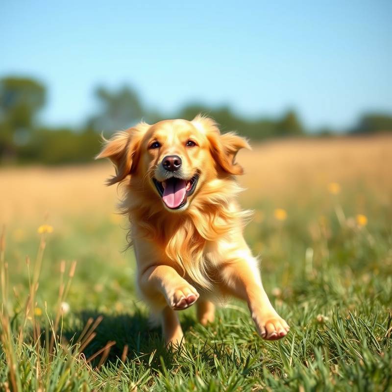 A playful shot of a golden retriever running through a field, showcasing the joyful spirit of pet photography.